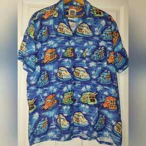 OCEAN CURRENT Antique Cars Ocean Palm Tree Hawaiian Style Shirt Size Medium Blue